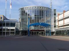 Modern convention center building with glass facade and large windows in Helsinki