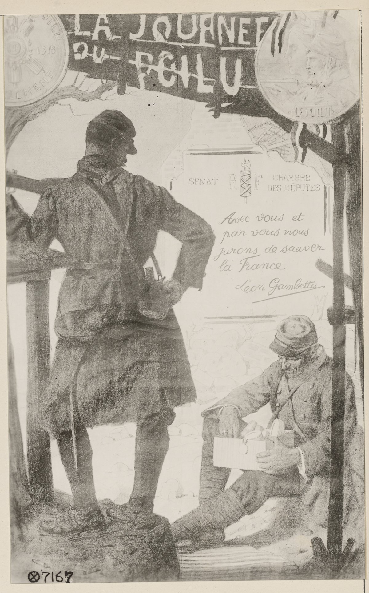 Historic photo of French soldiers during World War I with text 'Avec vous nous jurons de sauver la France' by Léon Gambetta