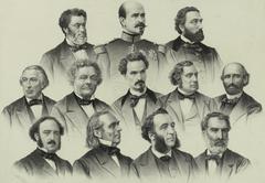 Portrait busts of members of the Gouvernement de la Défense nationale circa 1870 including Jules Favre, General Trochu, Léon Gambetta, Emmanuel Arago, Adolphe Crémieux, Henri Rochefort, Ernest Picard, Alexandre Glais-Bizoin, Jules Simon, Louis Garnier-Pagès, Jules Ferry, and Camille Pelletan