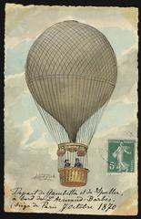 Illustrated postcard of French politicians Léon Gambetta and Eugène Spuller escaping Paris by hot air balloon during Franco-Prussian War