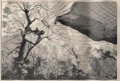 Historical engraving of Leon Gambetta descending in the Armand Barbès balloon during the Franco-Prussian War, October 7, 1870