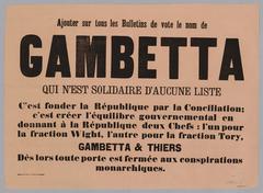 French political poster from 1871 urging to add the name of Gambetta on all ballots to support the Republic and government balance between Gambetta and Thiers