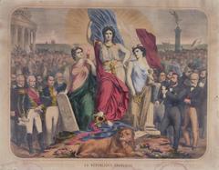 Allegory of the French Republic surrounded by French republicans, colored engraving 1880