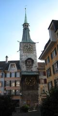 Clock tower in Solothurn viewed from the north with clear blue sky