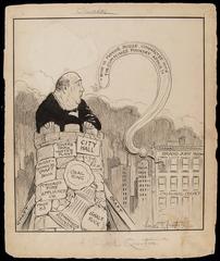 Caricature of Chicago Mayor Fred Busse asking a pointed question about his connection with the Cummings Foundry affair on March 3, 1910