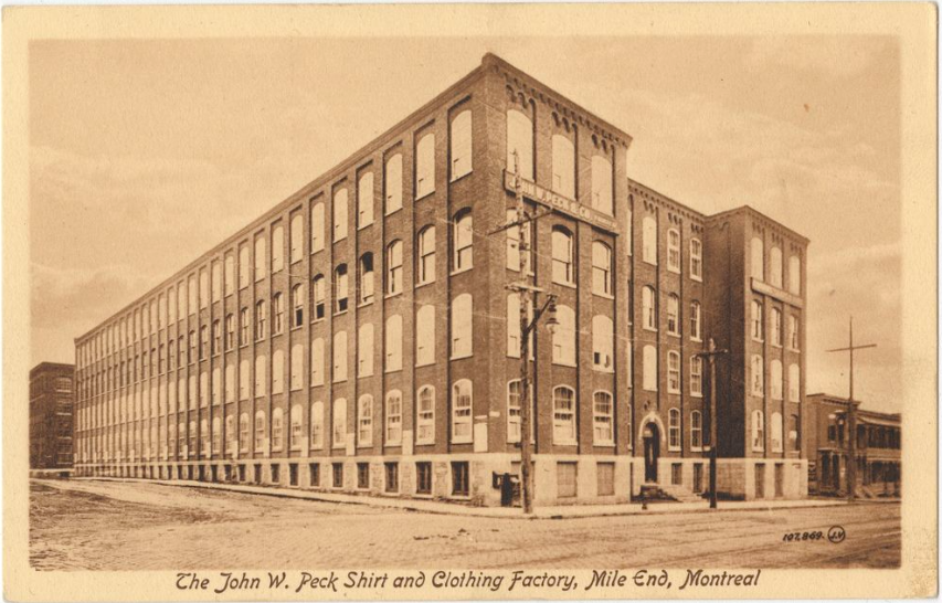 Vintage postcard of the Peck Building, John W. Peck Shirt & Clothing Factory, 1913-1918
