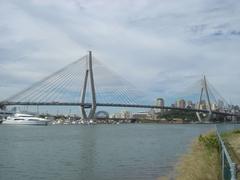 Anzac Bridge Sydney Australia over water with city skyline in background