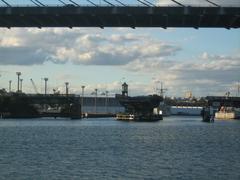 Old Glebe Island Bridge in permanent open position with ANZAC Bridge above at Glebe Point NSW Australia