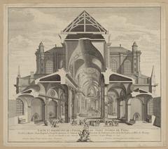 Architectural etching showing plan, section and elevation of Saint-Sulpice Church in Paris