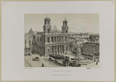 View of the portal and western side of Saint-Sulpice Church with Visconti fountain and Chappe telegraph on towers in 19th century lithograph