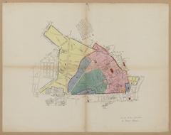 Lithographic and watercolor plan, section, and elevation of Saint-Sulpice Church and Seminary in Paris