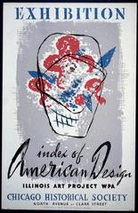 Vintage WPA poster promoting the Index of American Design exhibition at the Chicago Historical Society, featuring colorful silkscreen graphics