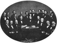 Group portrait of Chicago Historical Society members in 1858 showing top row: Van H. Higgins, Benjamin F. Carver, Cyrus Bentley, Robert H. Clarkson, Luther Haven, Thomas Hoyne, Horatio G. Loomis, John H. Kinzie, Gustav Unonius, George Manierre, George F. Rumsey, Edward I. Tinkham; bottom row: Samuel D. Ward, Isaac H. Burch, William Barry, William H. Brown, John M. Wilson, Franklin Scammon, Jonathan Burr, Dr. John H. Foster, Samuel Stone