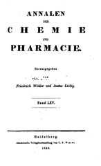 Title page of Annalen der Chemie und Pharmacie Volume LXV