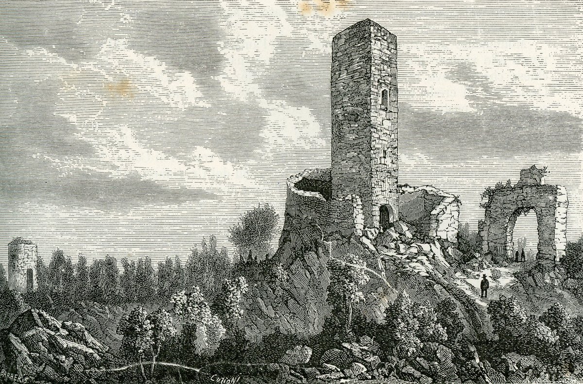 Woodcut print of Castello del Baradello near Como