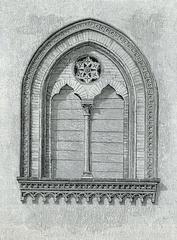 Large window of the former Town Hall in Fano shown in a woodcut print