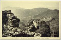 Northwest tower of the old castle ruins in Hyères with the Fenouillet mountain on the left