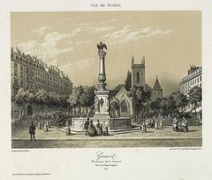 Engraving of the Fountain of the Four Seasons at Place Dorcière in Geneva, Switzerland