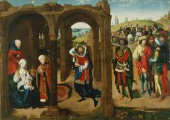 Adoration of the Magi painting showing the three wise men presenting gifts to baby Jesus, 15th century
