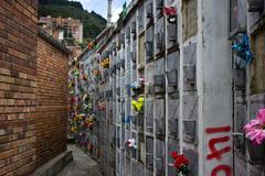 Cemetery in Bogota, Colombia with rows of tombstones and greenery