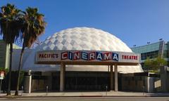 Front view of the Cinerama Dome movie theater with distinctive geodesic dome architecture