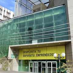 Front view of Universidad Mayor Chile campus building with modern architecture under blue sky