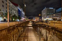 Baana pedestrian and cycling path illuminated at night in Helsinki