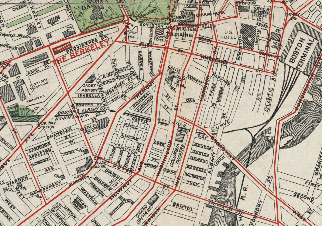 1898 detailed map of Boston showing Grand Opera House, Odd Fellows building, Cadet Armory