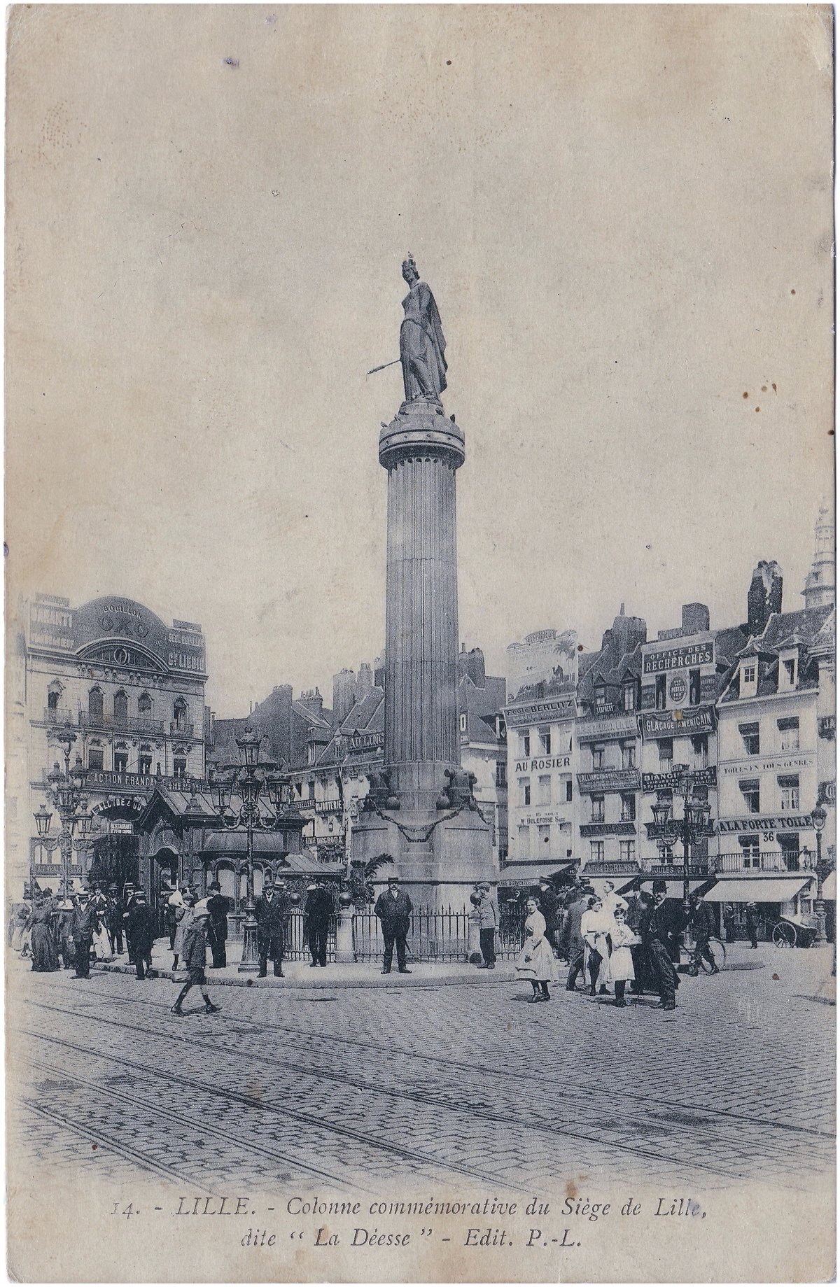 Commemorative Column of the Siege of Lille 1792 called La Déesse at Grand'Place tramway stop in Lille with historical street scene