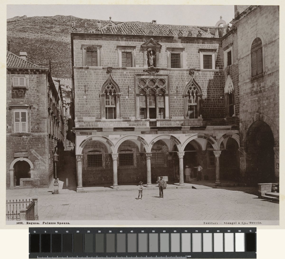 Historic Palazzo Sponza in Dubrovnik Ragusa, black and white photo from 1890-1900, showing the detailed architecture of the palace