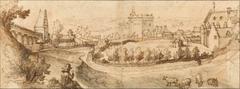Historic drawing of Halle city gate and St Peter's leprosarium by Cantagallina
