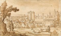 Panoramic drawing of south Brussels featuring Sint-Gillis and the Halle city gate