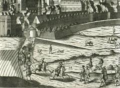 Panoramic view of Brussels with two postilions on horseback riding out of Halle city gate