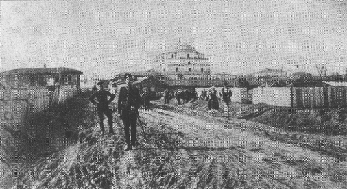 Historically black and white photo of Graf Ignatiev Street in Sofia in 1887 showing the Black Mosque