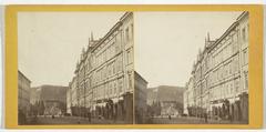 Historical stereophoto of Ferdinandsstrasse (now Národní třída) in Prague looking towards the Vltava River with old buildings including Sparkassage building