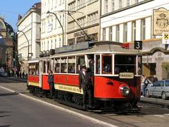 Historic Prague tram number 275 from 1908 on city street