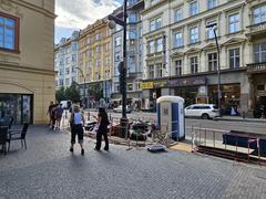 Street view on Národní třída with buildings and parked cars