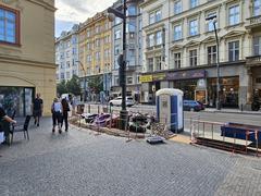 Street view of Národní třída in Prague with historic buildings and pedestrians