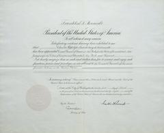 Exequatur signed by Franklin D. Roosevelt in 1938 authorizing French Consul General Charles de Ferry de Fontnouvelle to conduct diplomatic business in New York City