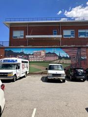 Crosley Field mural painted on City Gospel Mission building in Queensgate Cincinnati OH