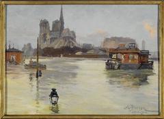 View of Notre-Dame Cathedral from Quai de la Tournelle during the 1910 floods in Paris