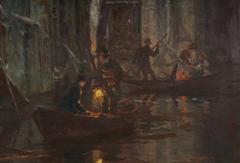 Flooding in Paris January 1910 with buildings submerged and people navigating water with a boat