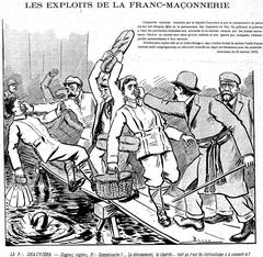 Caricature of a fight involving Camelots du Roi against apaches and police during the 1910 Seine flood in La Bastille journal
