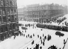 Intersection of Liteyny Prospekt and 25th October Prospekt in blockaded Leningrad with historic buildings including Radisson Royal Hotel