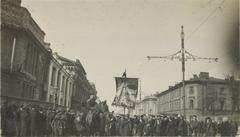 Demonstration on Liteyny Prospect in Petrograd with crowd and historic buildings including a church near Smolny
