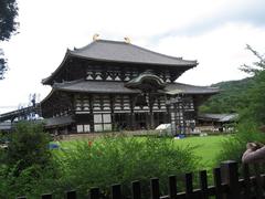 Traditional Japanese garden with a pond, stone lanterns and lush greenery in Nara, Japan during August 2009