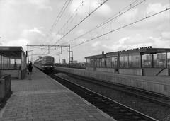 View of the platforms at the new Den Haag Mariahoeve station in The Hague with a Plan T electric train set from the Dutch National Railways (NS)