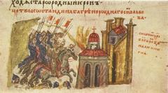 Incineration of the church Saint Mary at the Spring near Constantinople, 14th century miniature from Constantine Manasses Chronicle