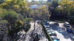 Aerial view of Museo de Arte Moderno taken by a drone showing modern architecture and surrounding area