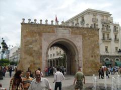 View of Bab Bhar historic gate in Tunisia